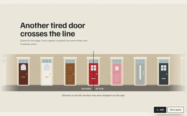 ‘Another tired door crosses the line.’ A drawn terrace of front doors crossing a before-and-after line, old doors on the left and the doors they were changed to on the right.