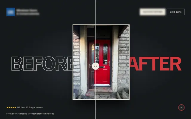 Windows and doors concept homepage: an outlined ‘BEFORE’ and a red ‘AFTER’ either side of a drag slider over their photograph of a tired wooden front door replaced with a red composite one. Business details are blurred.