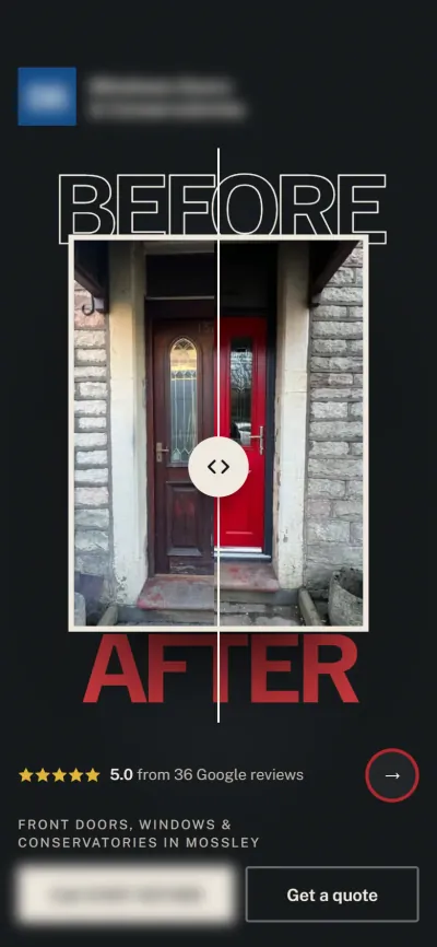 The windows and doors concept on a phone: the before-and-after door between the BEFORE and AFTER lettering, with the rating and a quote button below. Business details are blurred.