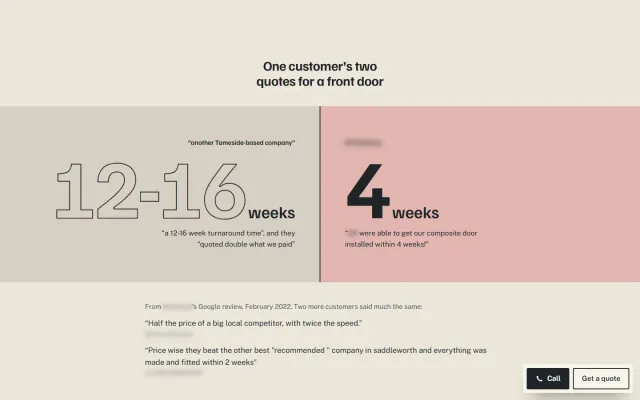 ‘One customer’s two quotes for a front door.’ An outlined 12–16 weeks from another company against a solid 4 weeks, with the customer’s words beneath. Names are blurred.