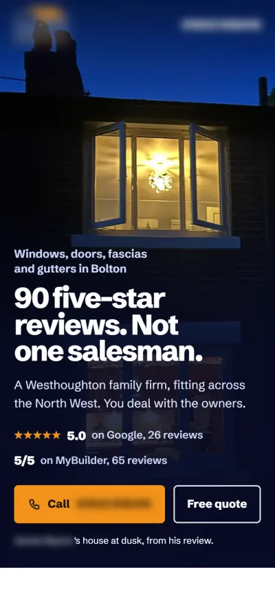 The windows and fascias concept on a phone: the lit house first, then the headline, the ratings and full-width call and quote buttons. Business details are blurred.